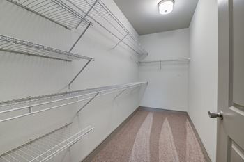 Walk-in closet with wire shelving on multiple levels